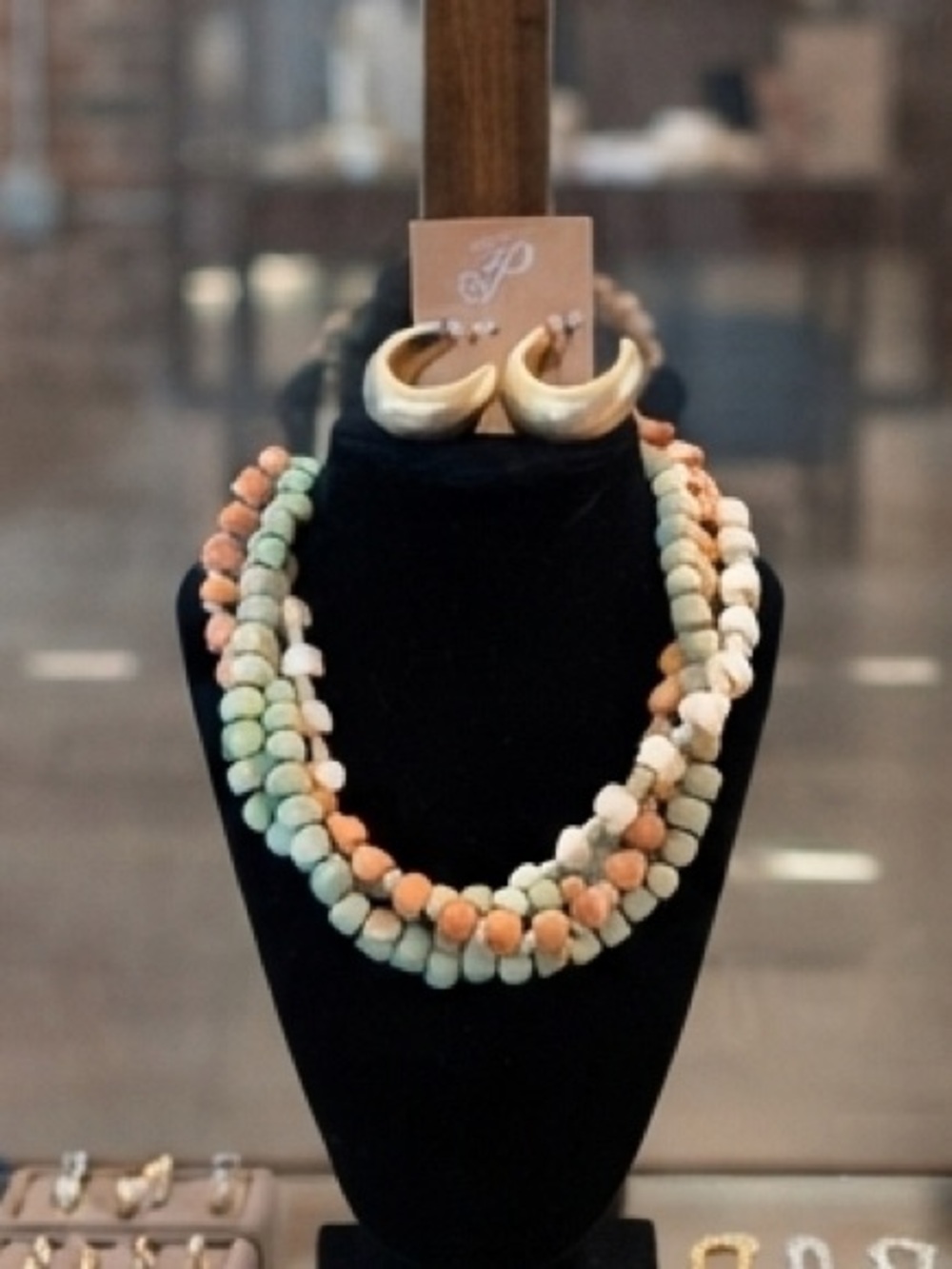 Multi-Strand Beaded Necklace and Gold Hoop Earring Set - Green, White, Copper